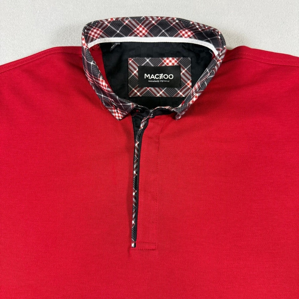 NWT Maceoo Mens Red Pique Polo Shirt Plaid Trim Short Sleeve Size 4/L